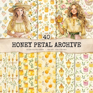Peut inclure: Illustration numérique de 40 motifs sans couture. Les motifs comprennent des pots de miel, des fleurs et des motifs en nid d'abeille. Le titre "HONEY PETAL ARCHIVE" est affiché sur une bannière en papier déchiré, avec deux femmes en arrière-plan.