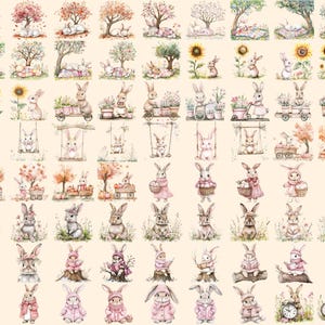 Cottagecore Bunnies Watercolor Clipart Bundle - 594+ transparent PNG, Rustic rabbit graphics, Cute bunny, Commercial use, Digital download