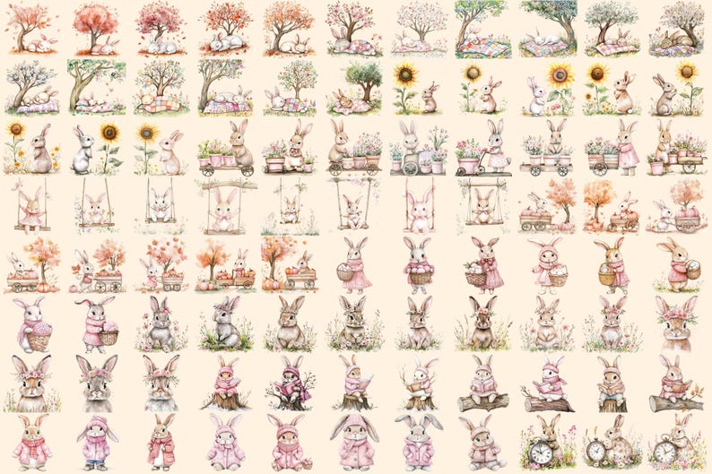 Cottagecore Bunnies Watercolor Clipart Bundle - 594+ transparent PNG, Rustic rabbit graphics, Cute bunny, Commercial use, Digital download