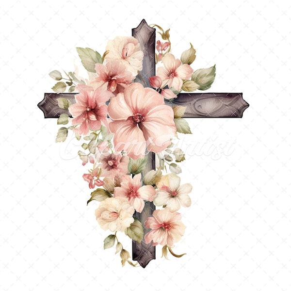 20 High-Quality Antique Floral Cross Clipart - Floral cross digital watercolor JPG instant download for commercial use - Digital download