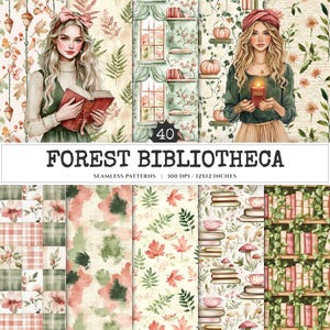 May include: A digital art print featuring the text "FOREST BIBLIOTHECA" above a collection of seamless patterns. The patterns include floral, plaid, and botanical designs, with images of women, books, and pumpkins. The patterns are 12x12 inches.