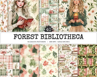Forest Library Seamless Patterns, Autumn Book Theme (Digital Download)