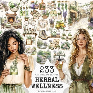Herbal Wellness Watercolor Clipart Set - 230+ transparent PNG, Lavender apothecary graphics, Springtime art, Commercial use,Digital download