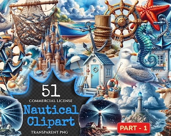 May include: A collection of 51 nautical themed clipart images, including a lighthouse, a seagull, a starfish, a seashell, a sailboat, a fishing net, a castle, a beach house, a buoy, a rope, a wheel, a seahorse, and a lighthouse. The images are all in a cartoon style and are perfect for use in digital scrapbooking, card making, and other craft projects.