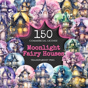 Moonlight Fairy Houses Watercolor Clipart Bundle - 145+ transparent PNG, Fairytale house png, Magical art, Commercial use,Digital download