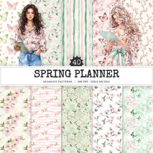 Spring Planner Seamless Patterns, Springtime Floral JPEG, Floral seamless pattern, Spring blossom repeating pattern, Digital scrapbook paper