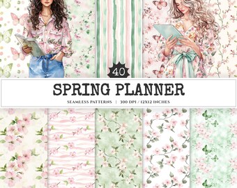 Spring Floral Seamless Patterns, JPEG, Digital Scrapbook Paper (Digital Download)
