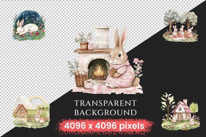 Cottagecore Bunnies Watercolor Clipart Bundle - 594+ transparent PNG, Rustic rabbit graphics, Cute bunny, Commercial use, Digital download