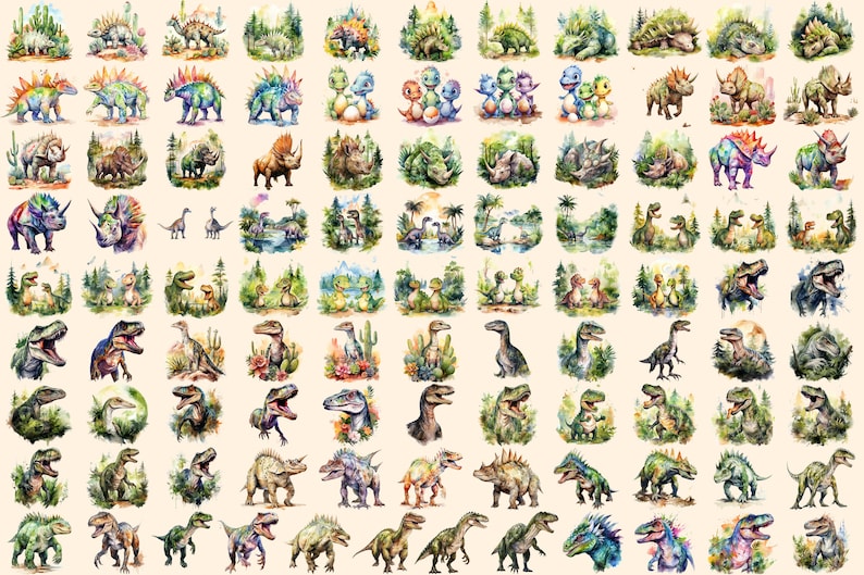 Dinosaurs Watercolor Clipart Bundle - 690+ transparent PNG, Dino graphics, Ancient dinosaur creature png, Commercial use, Digital download