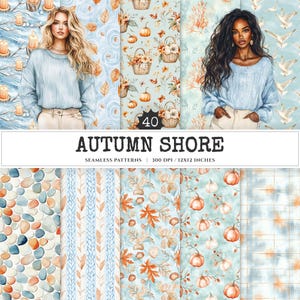 Autumn Shore Seamless Patterns, Seaside autumn JPEG, Pumpkin pattern, Maple leaves, Coastal fall repeating pattern, Digital scrapbook paper