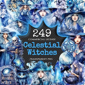 Celestial Witches Watercolor Clipart Bundle - 245+ transparent PNG, Enchanting graphics, Fantasy images, Commercial use, Digital download