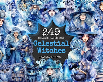 Celestial Witches Watercolor Clipart Bundle – Fantasy PNG Graphics (Digital Download)
