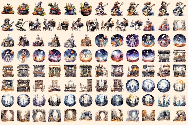 Skeletons Watercolor Clipart Bundle - 610+ transparent PNG, Spooky halloween graphics, Skeleton png images, Commercial use, Digital download