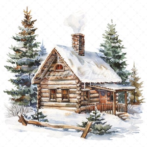 20 High-Quality Snowy Log Cabin Clipart - Snowy log cabin digital watercolor JPG instant download for commercial use - Digital download