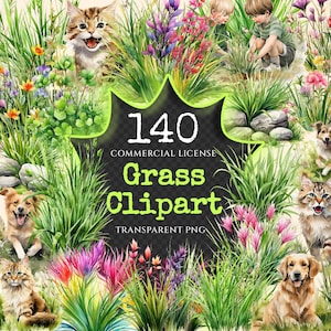 Grass Watercolor Clipart Bundle - 135+ transparent PNG, Botanical grass illustrations, Spring greenery art, Commercial use, Digital download
