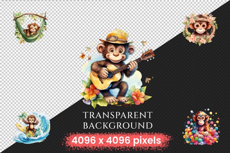 Monkeys Watercolor Clipart Bundle - 1060+ transparent PNG, Jungle animals graphics, Cute nursery images, Commercial use, Digital download