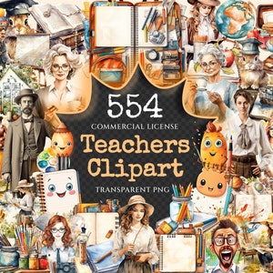 Teachers Watercolor Clipart Bundle - 550+ transparent PNG, Teacher illustrations, School counselor designs, Commercial use, Digital download