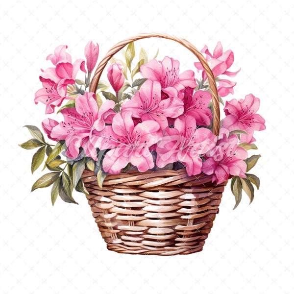 20 High-Quality Azaleas Basket Clipart - Azaleas basket digital watercolor JPG instant download for commercial use - Digital download