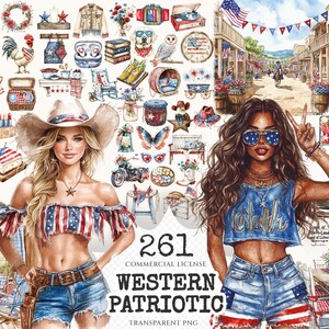 Western Patriotic Watercolor Clipart Set - 258+ transparent PNG, Patriotic cowgirl graphics, 4th july art, Commercial use, Digital download