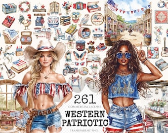 Watercolor Western Patriotic Clipart – Cowgirl Graphics, 4th July (Digital Download)