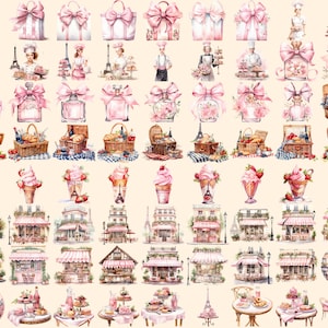 Bonjour Paris Watercolor Clipart Bundle - 575+ transparent PNG, Pink paris graphics, French illustrations, Commercial use, Digital download