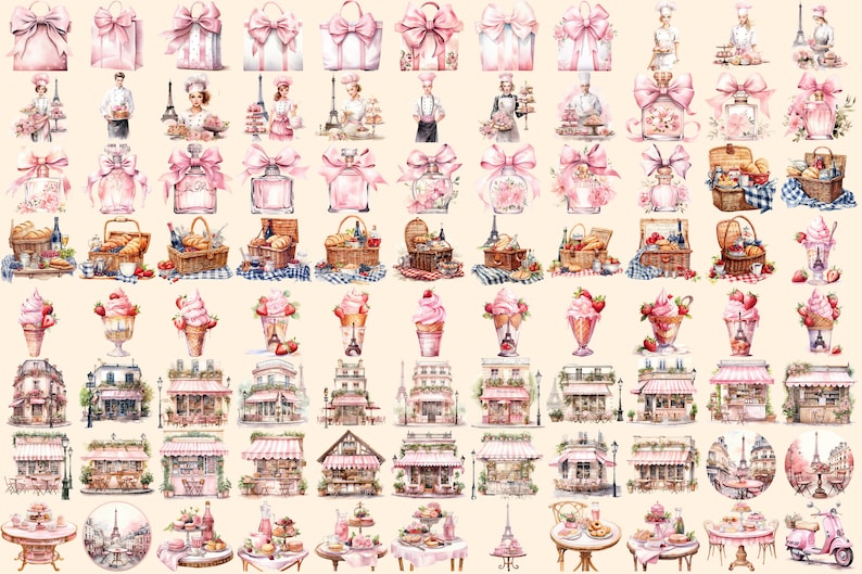 Bonjour Paris Watercolor Clipart Bundle - 575+ transparent PNG, Pink paris graphics, French illustrations, Commercial use, Digital download