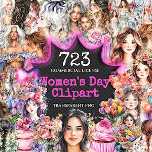 Women's Day Watercolor Clipart Bundle - 720+ transparent PNG, Graceful women graphics, Stylish female art, Commercial use, Digital download