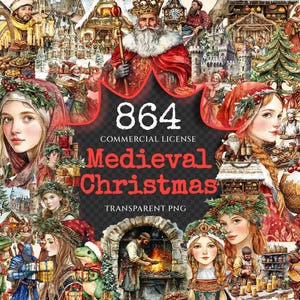 Medieval Christmas Watercolor Clipart Bundle - 860+ transparent PNG, Antique holiday graphics, Vintage png, Commercial use, Digital download