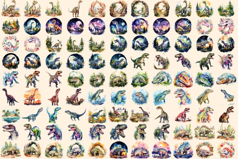 Dinosaurs Watercolor Clipart Bundle - 690+ transparent PNG, Dino graphics, Ancient dinosaur creature png, Commercial use, Digital download