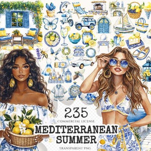 Mediterranean Summer Watercolor Clipart Set - 230+ transparent PNG, Greek & italian graphics, Lemons images, Commercial use,Digital download