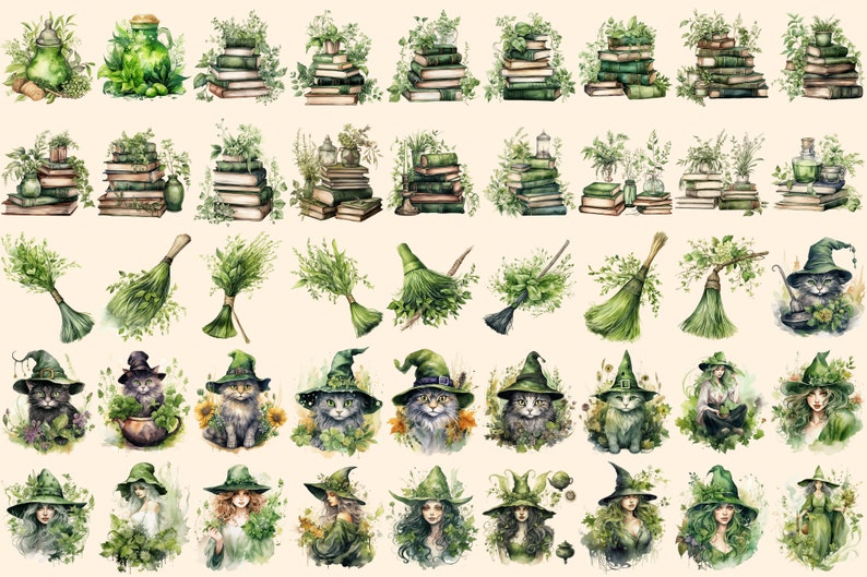 Herbal Witches Watercolor Clipart Bundle - 310+ transparent PNG, Whimsical fantasy graphics, Enchanted png, Commercial use, Digital download
