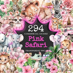 Pink Safari Watercolor Clipart Bundle - 290+ transparent PNG, Delicate nature graphics, Pink wildlife art, Commercial use, Digital download
