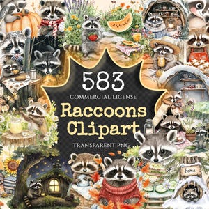 Raccoons Watercolor Clipart Bundle - 580+ transparent PNG, Cute raccoon illustrations, Woodland animal png, Commercial use, Digital download