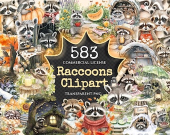 Raccoons Watercolor Clipart Bundle – 580+ PNG, Woodland Animals (Digital Download)