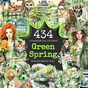 Green Spring Watercolor Clipart Bundle - 430+ transparent PNG, Cute spring girl graphics, Cozy spring png, Commercial use,Digital download
