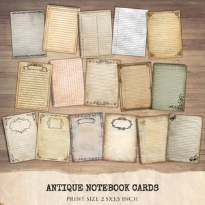 Puede incluir: Una colección de tarjetas de cuaderno antiguas con páginas rayadas, cuadriculadas y en blanco. Las tarjetas presentan bordes decorativos y texturas de papel envejecido. El texto "ANTIQUE NOTEBOOK CARDS" y "PRINT SIZE 6.35x8.89 CM" son visibles.