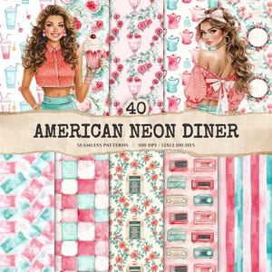 May include: A digital art collage featuring retro diner-themed seamless patterns. The image includes illustrations of milkshakes, teacups, and vintage radios. The text "AMERICAN NEON DINER" is prominently displayed, along with the number "40". The color palette includes pink, teal, and red.