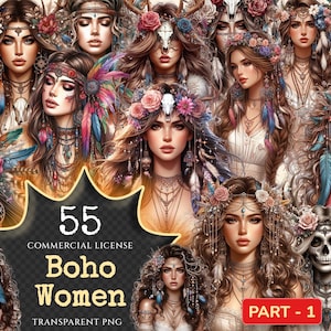 Boho Women PNG Clipart Collection - 55 PNG, Fashion illustrations of girls, Boho style art, Commercial use, Digital download