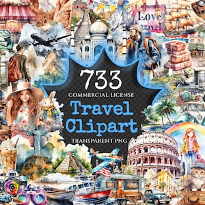 Travel Watercolor Clipart Bundle - 730+ transparent PNG, Adventure, Wanderlust , Vacation holiday graphics, Commercial use, Digital download