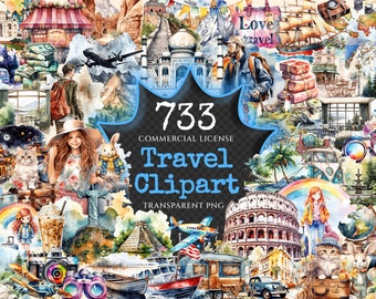 Travel Watercolor Clipart Bundle – 730+ PNG Graphics (Digital Download)