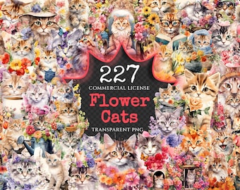 May include: A collection of 227 watercolor illustrations of cats with flowers. The cats are in various poses and wearing different accessories. The flowers are in a variety of colors and styles. The images are transparent PNG files.