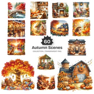 May include: A collection of 60 autumn-themed digital art scenes. The images feature fall landscapes with pumpkins, sunflowers, and cozy settings. The scenes include a bridge, a kitchen, a fireplace, a house, a dog, and a barn.