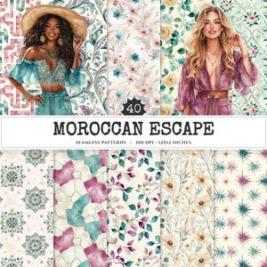 Moroccan Escape Seamless Patterns, Middle eastern JPEG, Floral pattern, Pampas, Moroccan tiles repeating pattern, Digital scrapbook paper