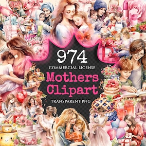 Mothers Watercolor Clipart Bundle - 970+ transparent PNG, Maternal affection graphics, Warm mom's day png, Commercial use, Digital download