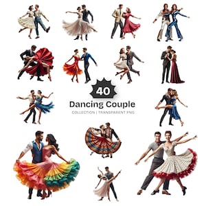 Puede incluir: Una colección de 40 ilustraciones digitales que muestran parejas de bailarines con diversos atuendos, incluyendo vestidos coloridos, trajes y faldas. El texto 40 Dancing Couple Collection Transparent PNG está centrado entre las poses.