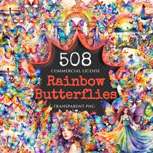 Rainbow Butterflies Watercolor Clipart Bundle - 500+ transparent PNG, Vibrant butterflies, PNG Butterfly Commercial use, Digital download