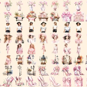 Bonjour Paris Watercolor Clipart Bundle - 575+ transparent PNG, Pink paris graphics, French illustrations, Commercial use, Digital download