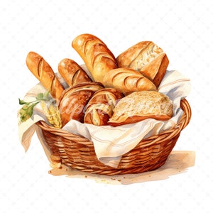 Puede incluir: Una cesta de mimbre llena de una variedad de panes, incluyendo una baguette, un pretzel y algunos panecillos. La cesta está forrada con un paño a rayas blanco y marrón.