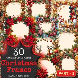 Christmas Frames PNG Clipart Collection - 30 PNG, Festive frame graphics, Holiday borders printable, Commercial use, Digital download