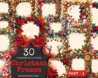 Christmas Frames PNG Clipart Collection - 30 PNG, Festive frame graphics, Holiday borders printable, Commercial use, Digital download